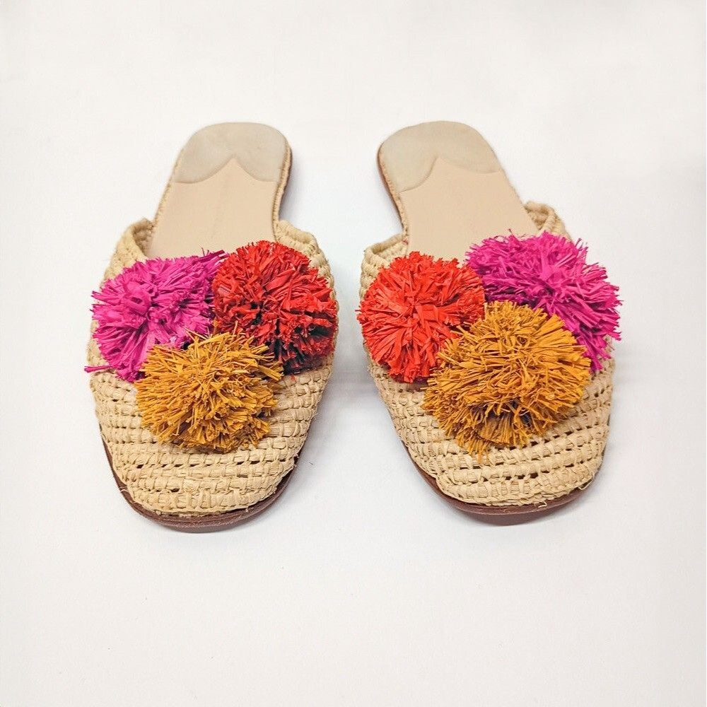 Fabio Rusconi Beige Raffia mules slides colorful Pom Pom embellishments Size 38